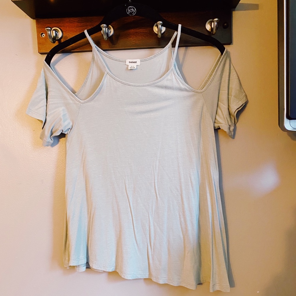 Off the shoulder, light blue tank top